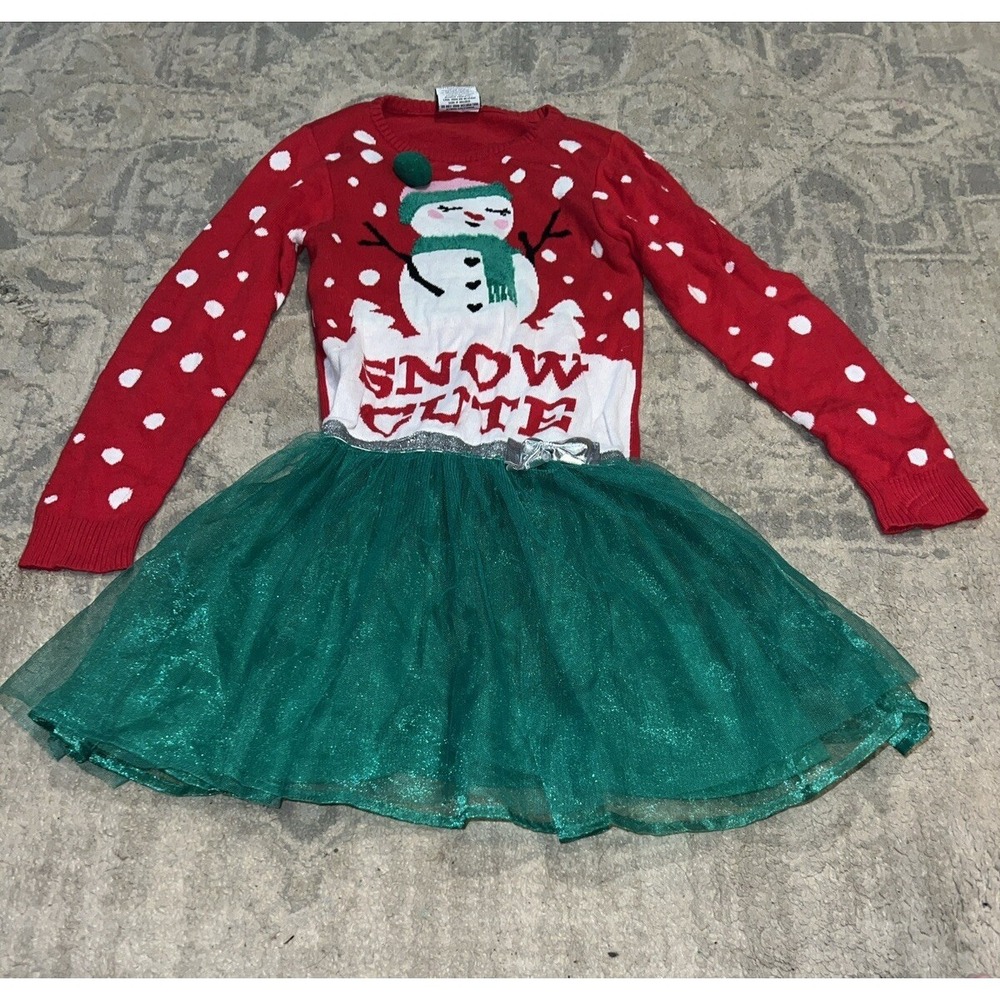 Girls Youth Well Worn Holiday Dress Sz XS 4/5‎ Sweater Dress Tutu Snowman